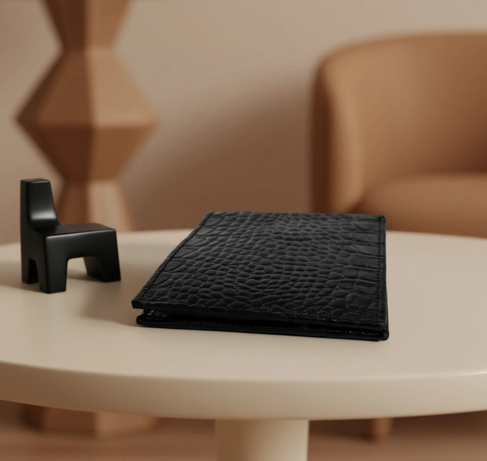 Dollar size textured leather wallet in Glossy Black | Leathery