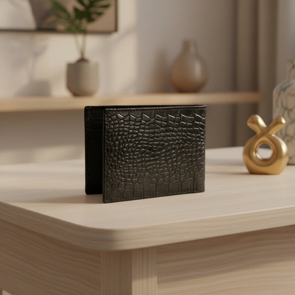 Dollar size textured leather wallet in Glossy Black | Leathery