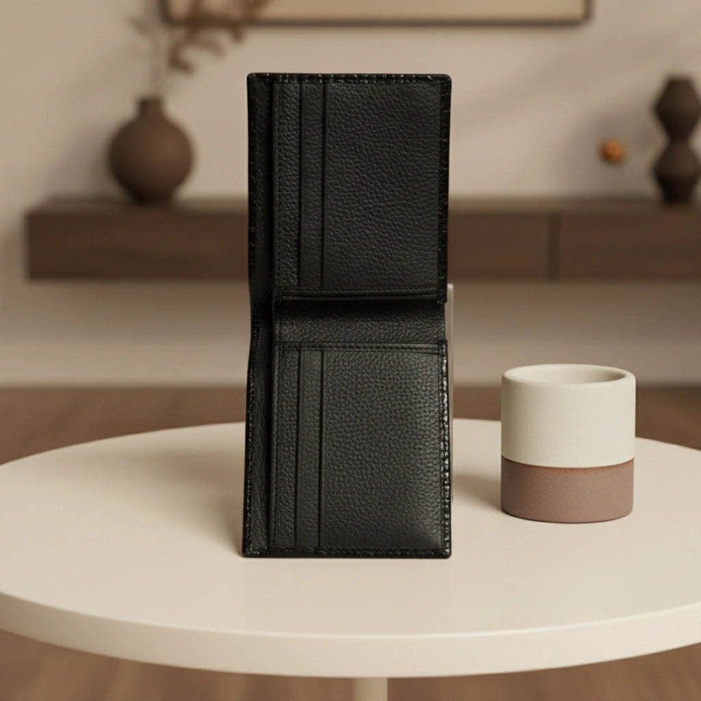 Dollar size textured leather wallet in Glossy Black | Leathery