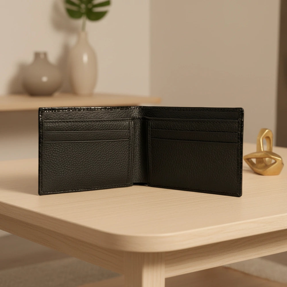 Dollar size textured leather wallet in Glossy Black | Leathery