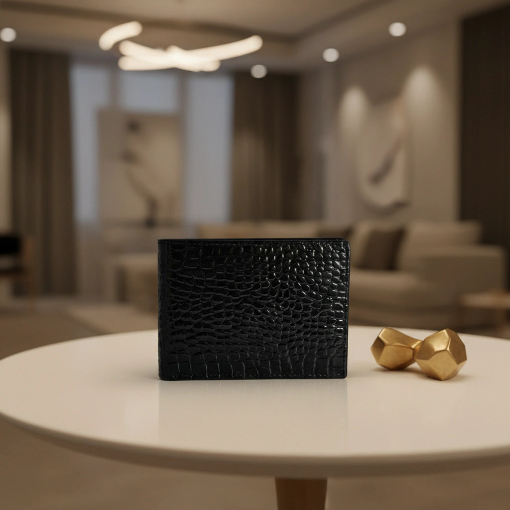 Dollar size textured leather wallet in Glossy Black | Leathery