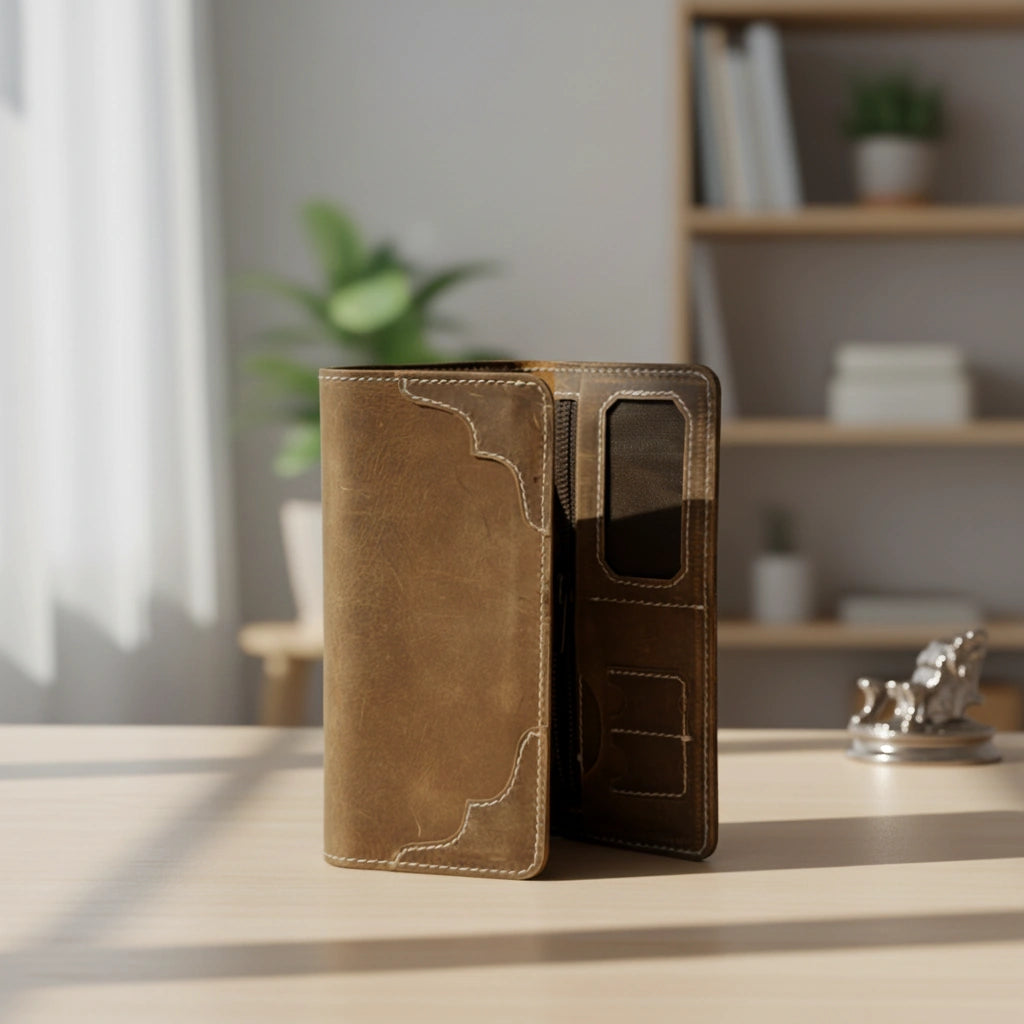 Unisex leather trifold wallet with magnetic lock in Dusty Forest Umber | Leathery