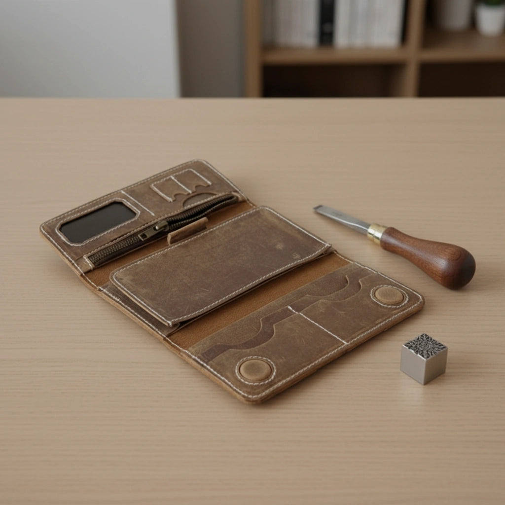 Unisex leather trifold wallet with magnetic lock in Dusty Forest Umber | Leathery