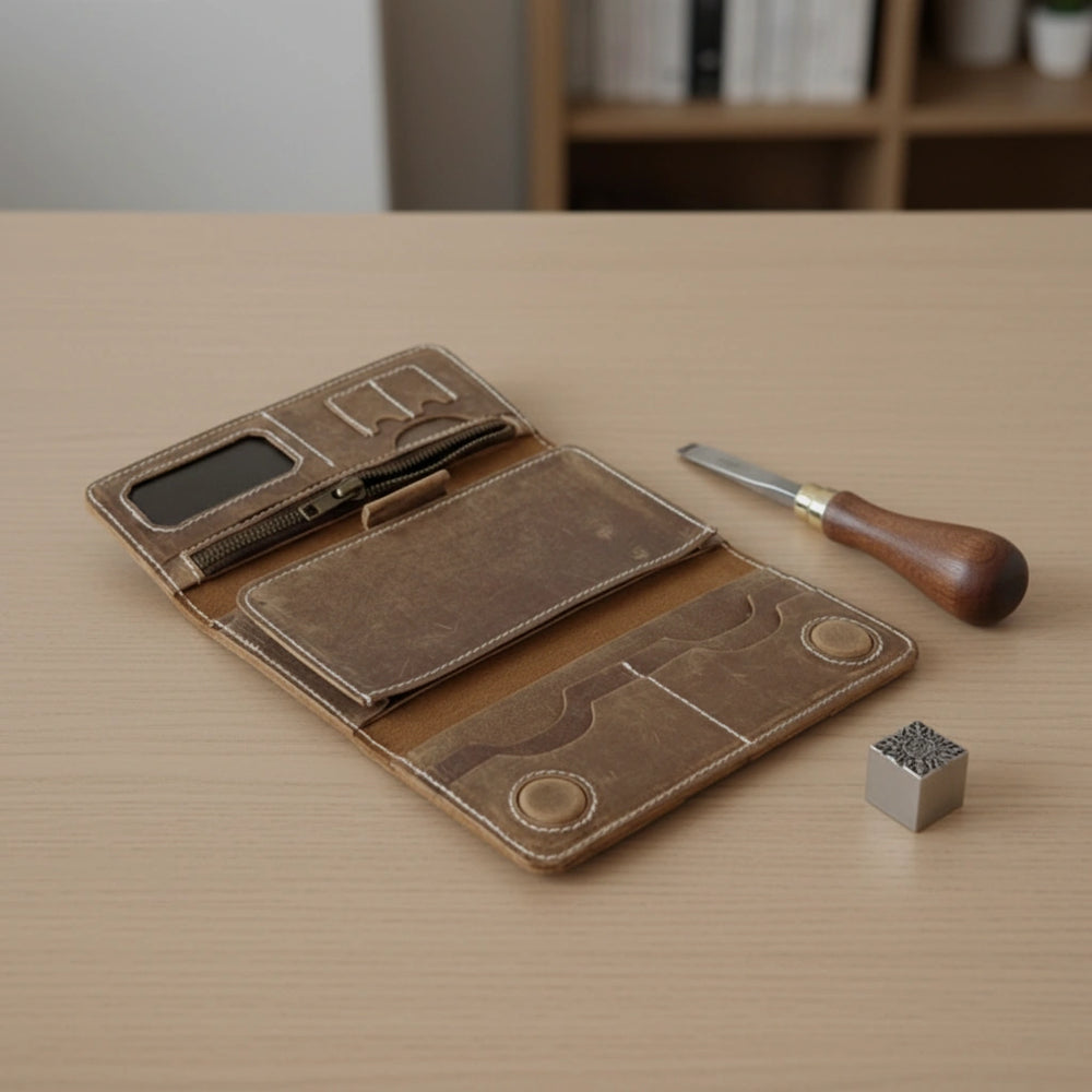 Unisex leather trifold wallet with magnetic lock in Dusty Forest Umber | Leathery