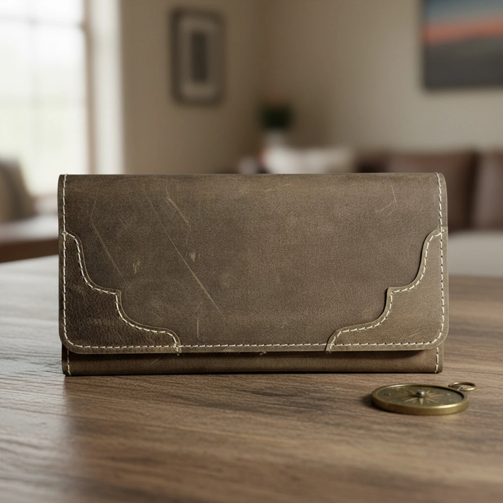 Unisex leather trifold wallet with magnetic lock in Walnut Brown | Leathery