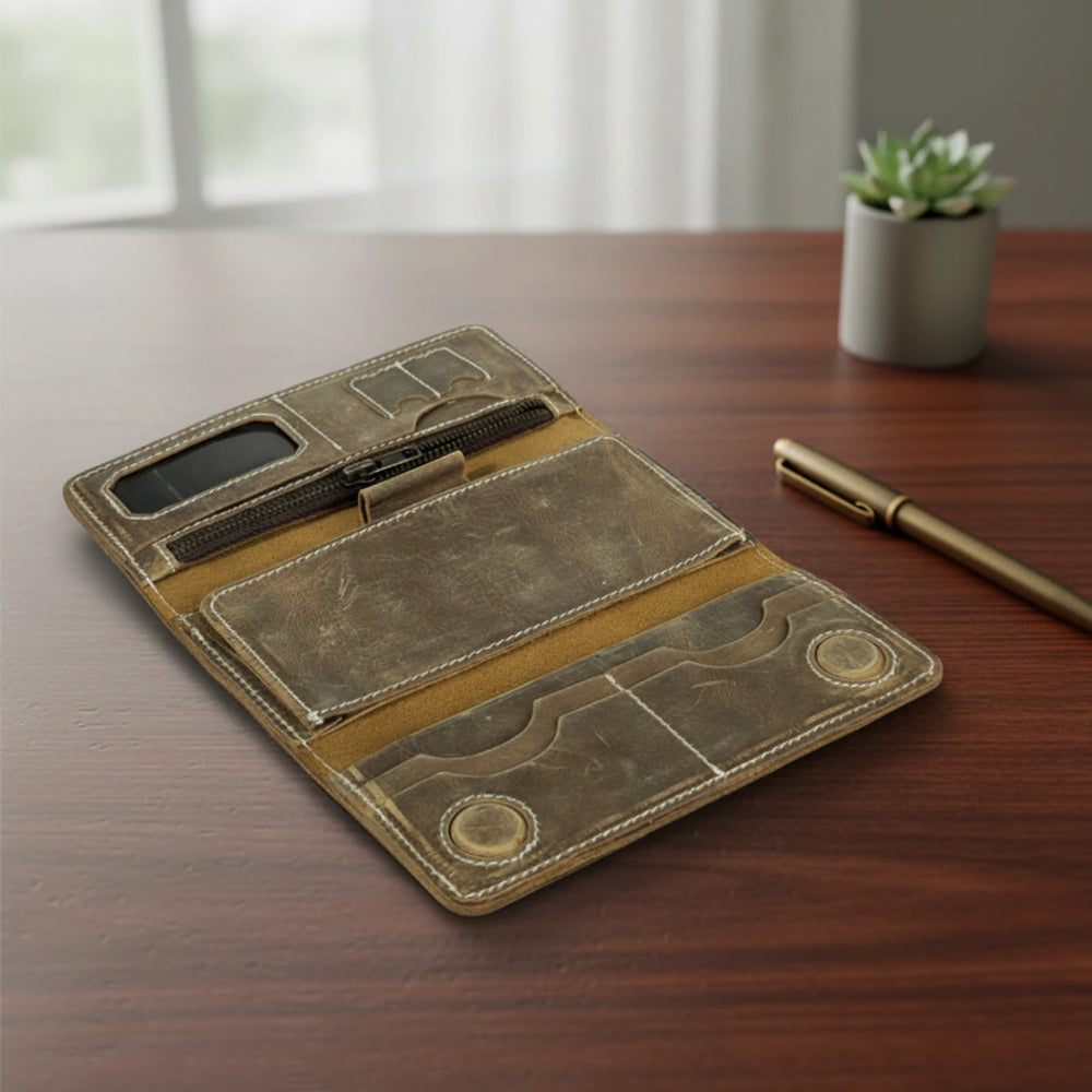 Unisex leather trifold wallet with magnetic lock in Walnut Brown | Leathery