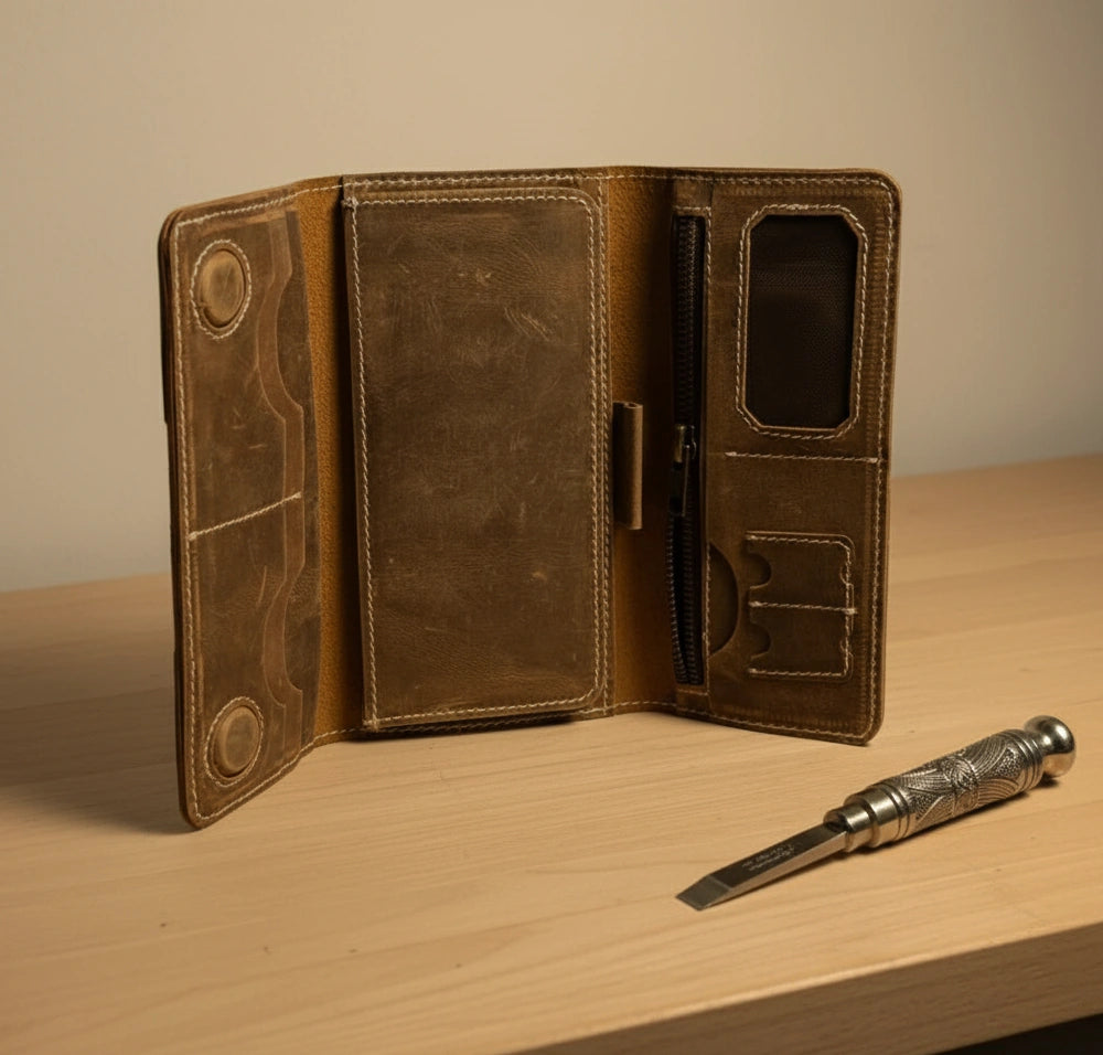 Unisex leather trifold wallet with magnetic lock in Walnut Brown | Leathery