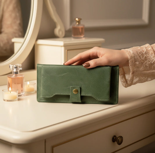 32 - Ladies Clutch Wallet- Premium Leather Zip-Around with Phone Pocket