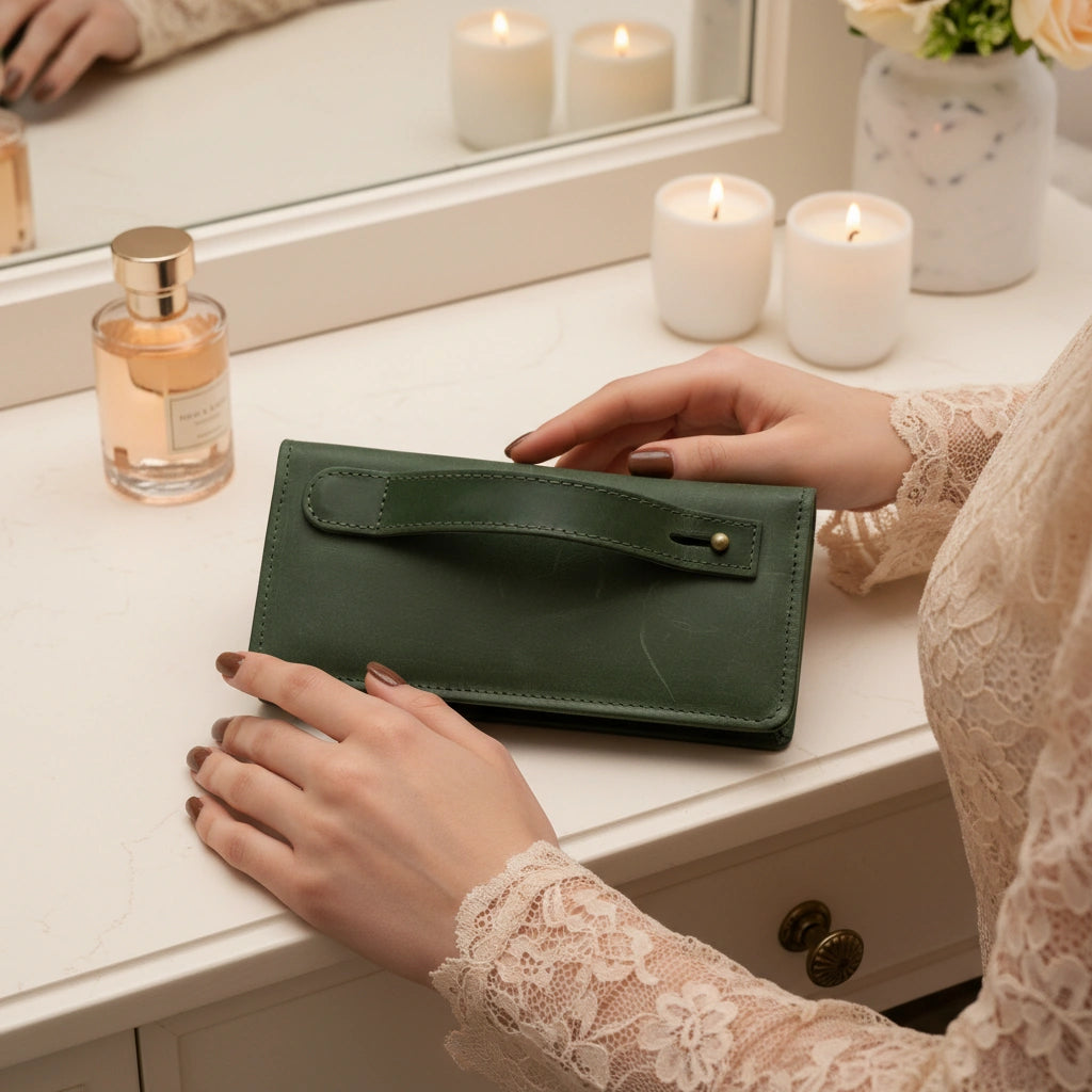Ladies leather clutch wallet with zip around in Noir Siege Green | Leathery