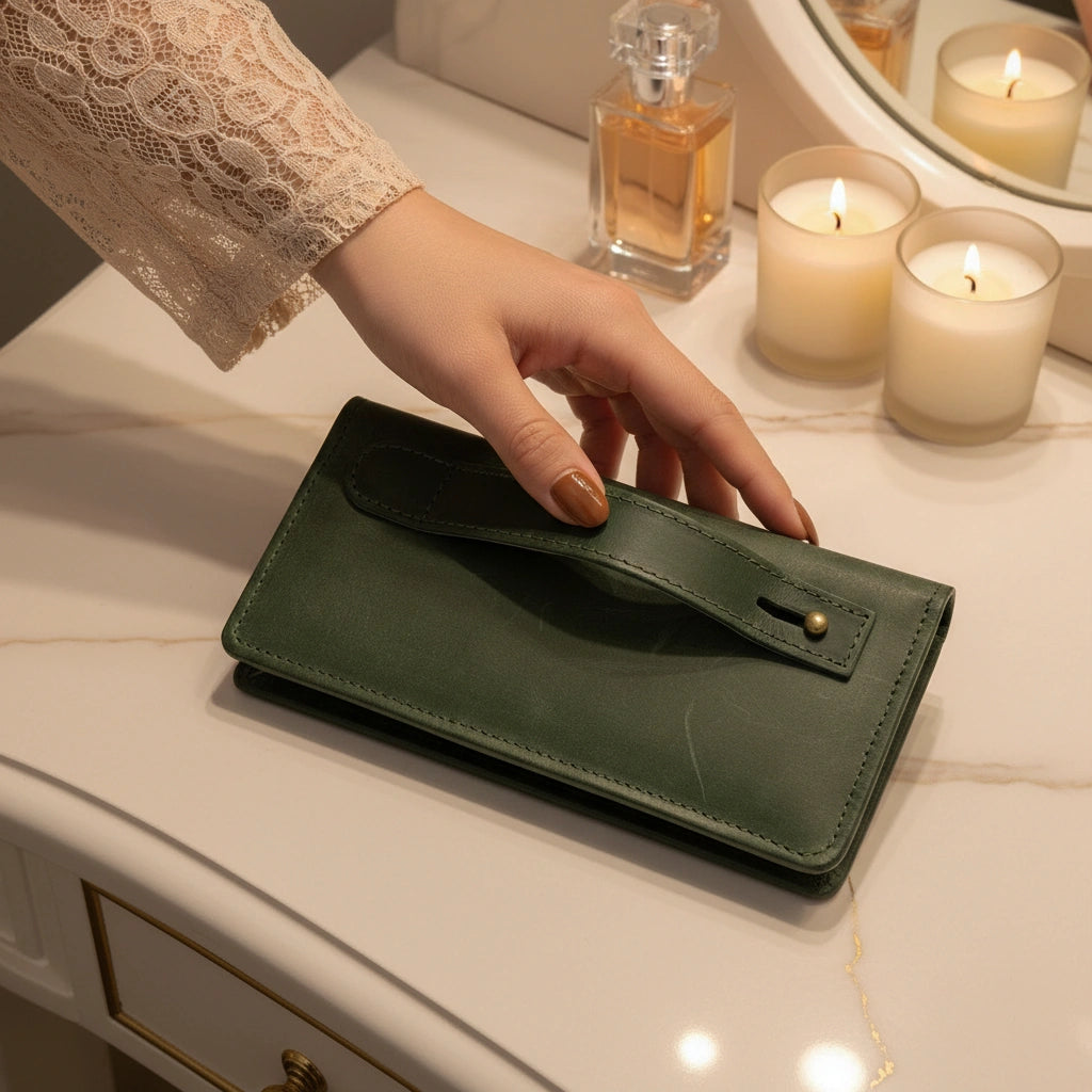 Ladies leather clutch wallet with zip around in Noir Siege Green | Leathery