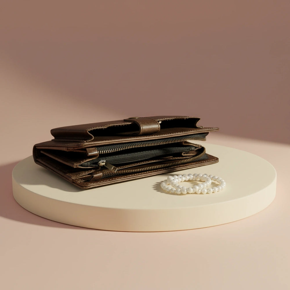 Ladies leather clutch wallet with zip around in Dark Truffle Walnut Choco | Leathery