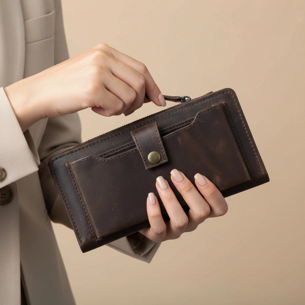 Ladies leather clutch wallet with zip around in Dark Truffle Walnut Choco | Leathery