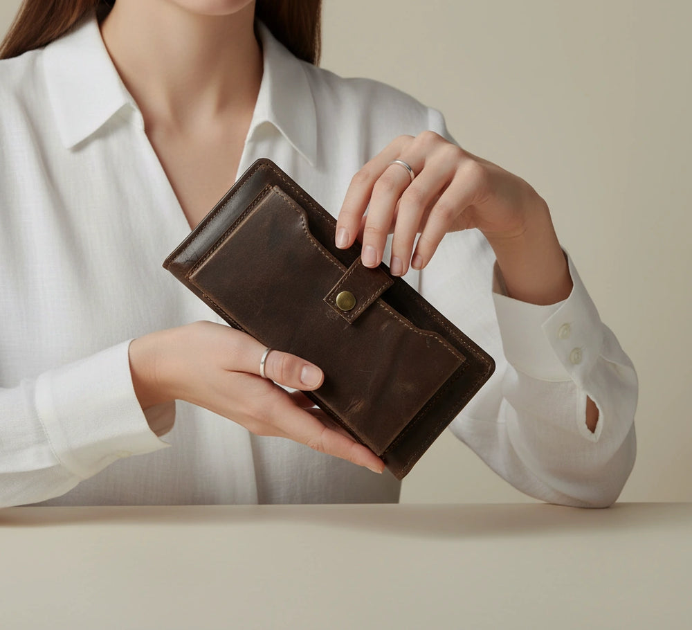 Ladies leather clutch wallet with zip around in Dark Truffle Walnut Choco | Leathery