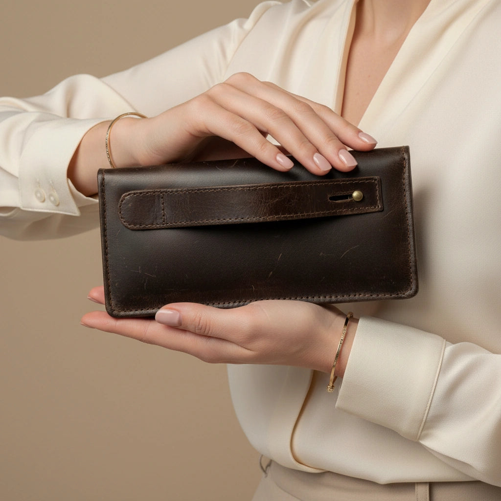 Ladies leather clutch wallet with zip around in Dark Truffle Walnut Choco | Leathery