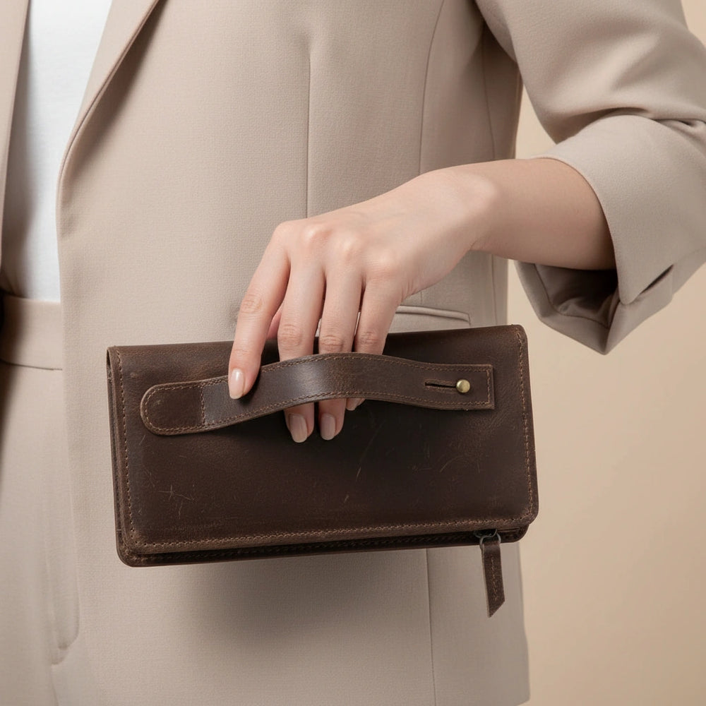 Ladies leather clutch wallet with zip around in Dark Truffle Walnut Choco | Leathery