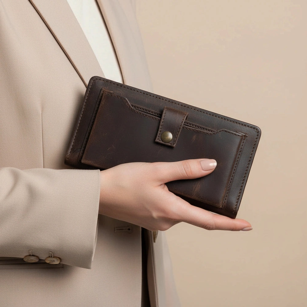 Ladies leather clutch wallet with zip around in Dark Truffle Walnut Choco | Leathery