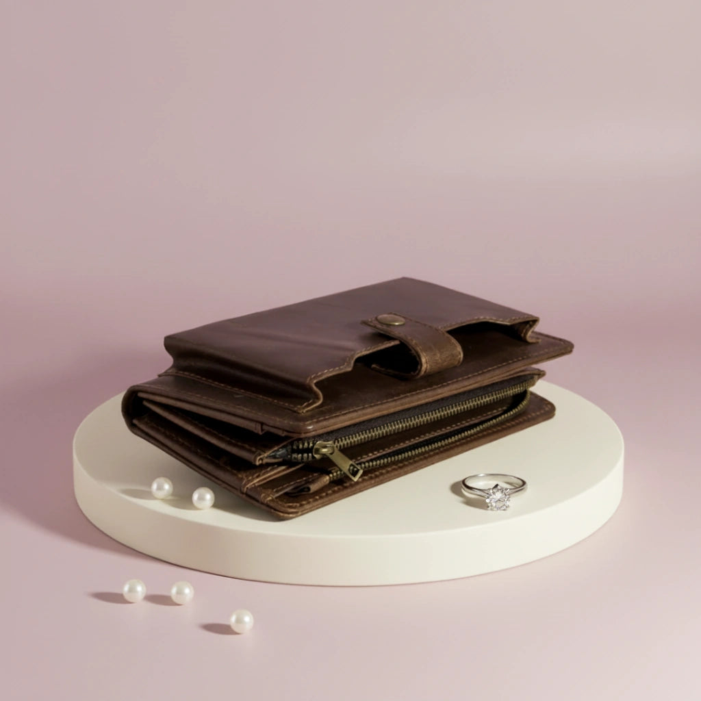 Ladies leather clutch wallet with zip around in Dark Truffle Walnut Choco | Leathery