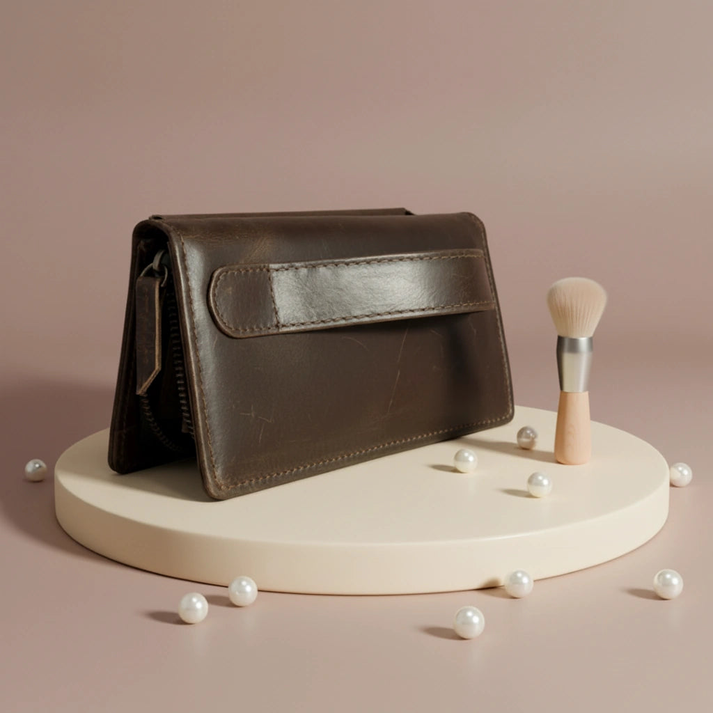 Ladies leather clutch wallet with zip around in Dark Truffle Walnut Choco | Leathery