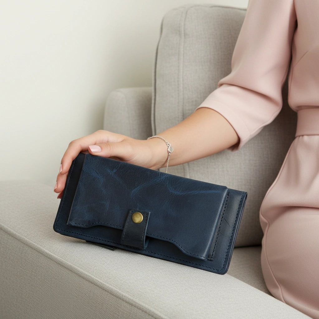 Ladies leather clutch wallet with zip around in Prestige Navy Blue | Leathery