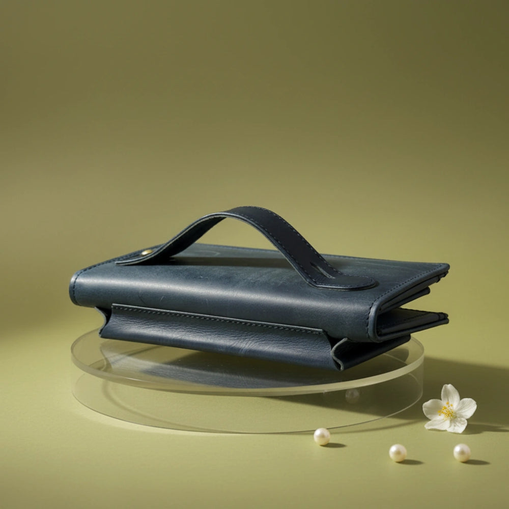 Ladies leather clutch wallet with zip around in Prestige Navy Blue | Leathery