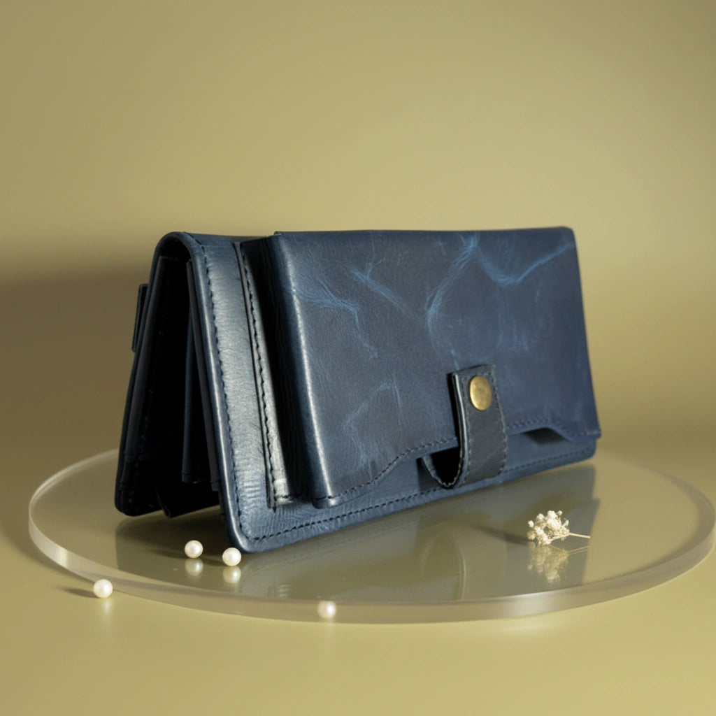 Ladies leather clutch wallet with zip around in Prestige Navy Blue | Leathery