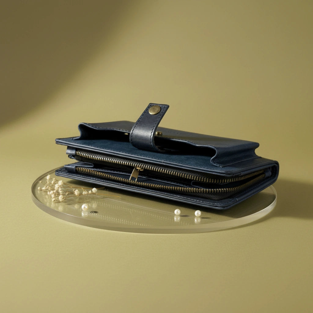 Ladies leather clutch wallet with zip around in Prestige Navy Blue | Leathery