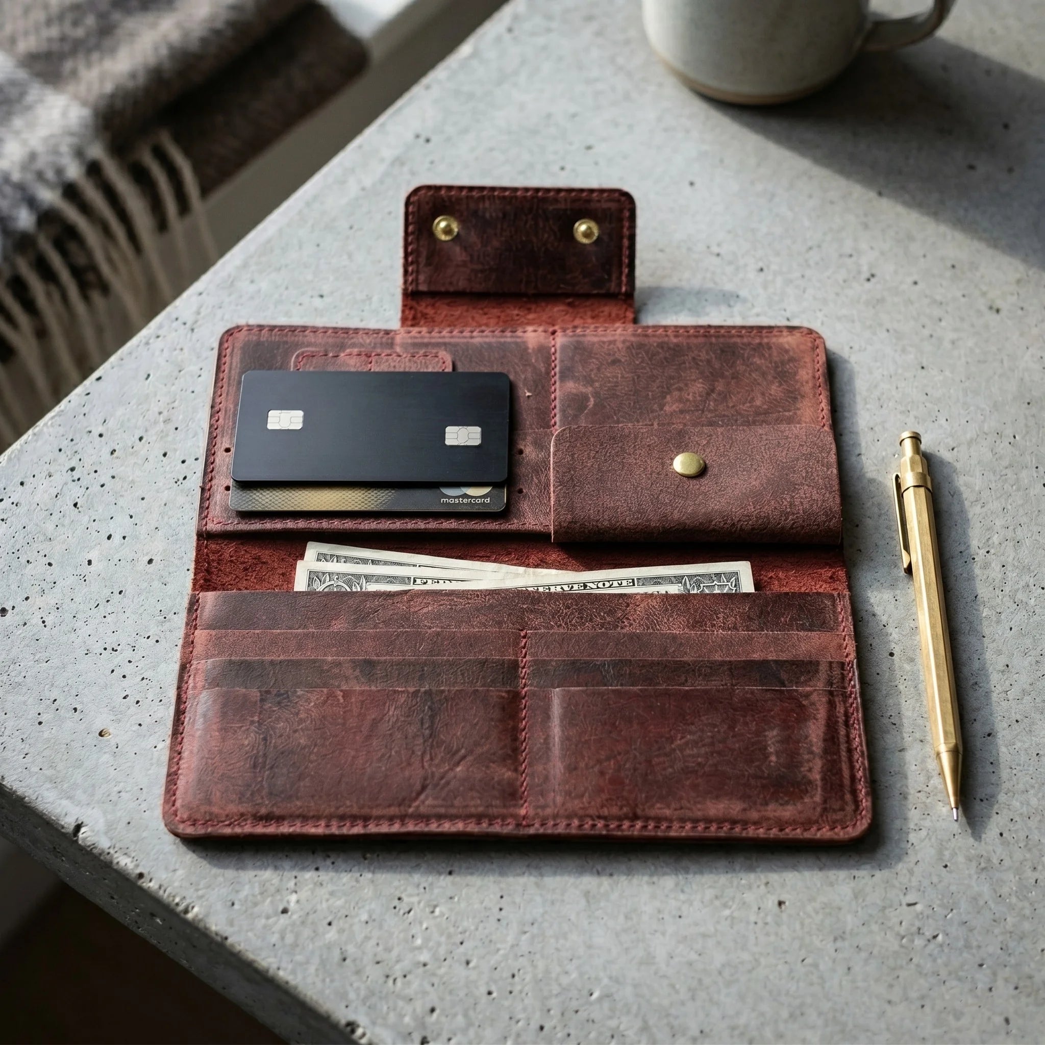 Unisex long leather wallet with snap closure in Deep Burgundy Maroon | Leathery