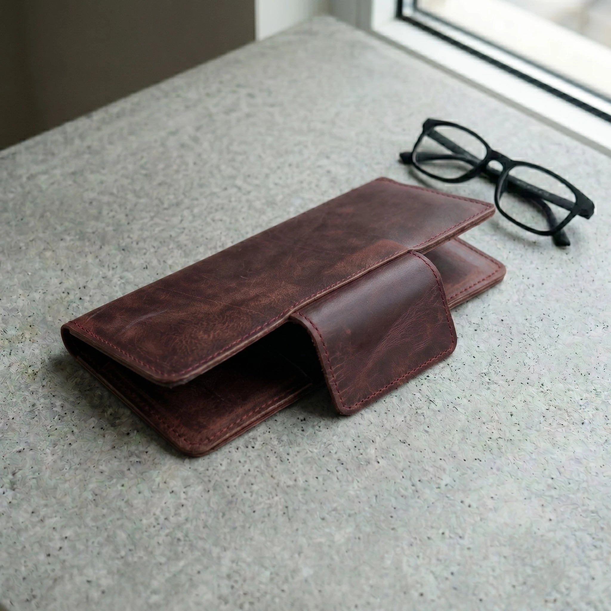 Unisex long leather wallet with snap closure in Deep Burgundy Maroon | Leathery