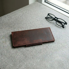 Unisex long leather wallet with snap closure in Deep Burgundy Maroon | Leathery