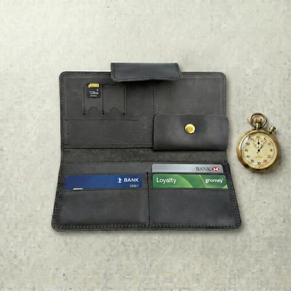 Unisex long leather wallet with snap closure in Charcoal Black | Leathery