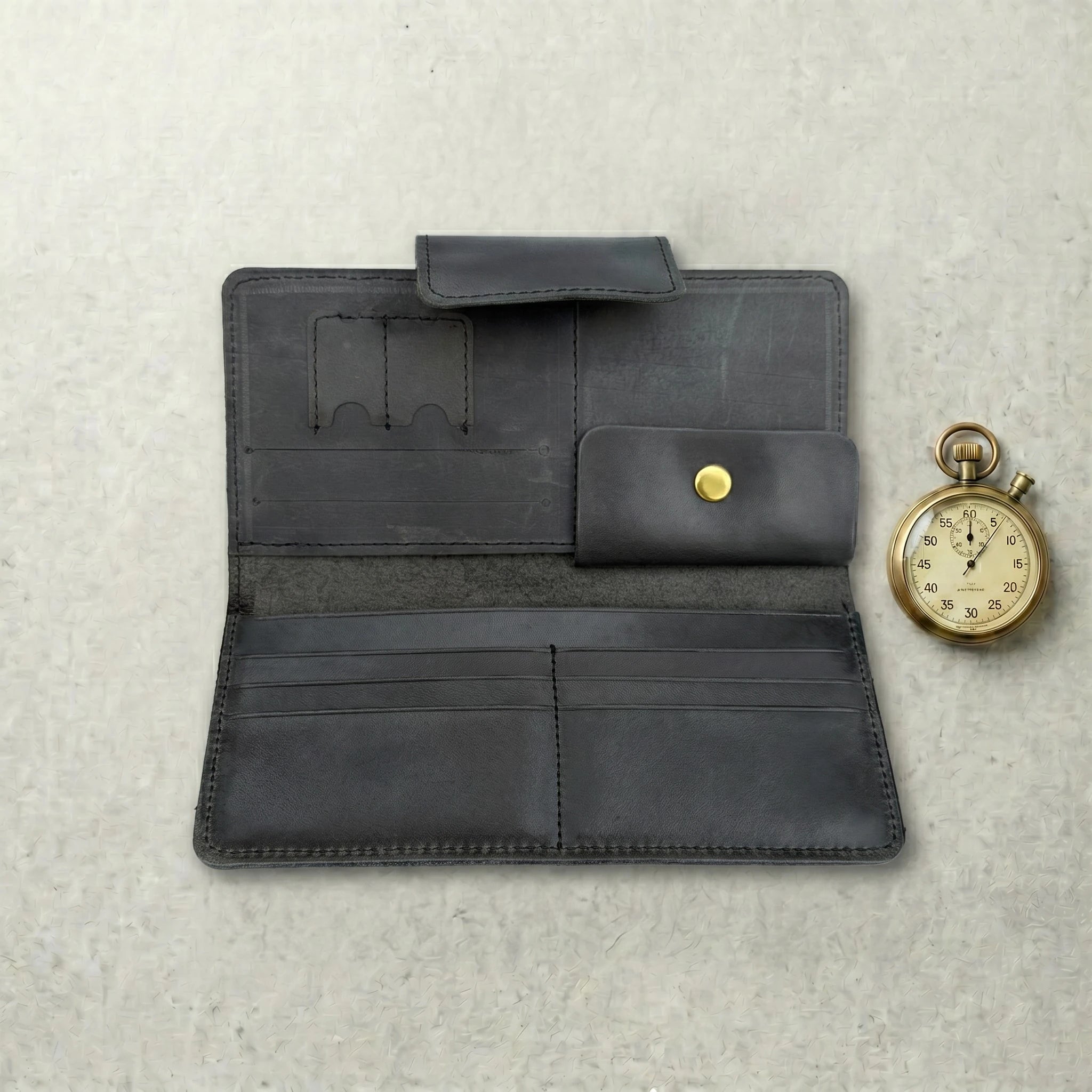 Unisex long leather wallet with snap closure in Charcoal Black | Leathery