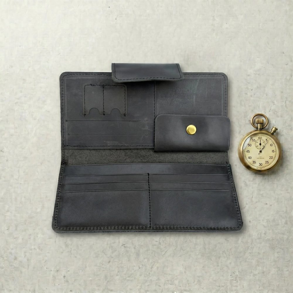 Unisex long leather wallet with snap closure in Charcoal Black | Leathery