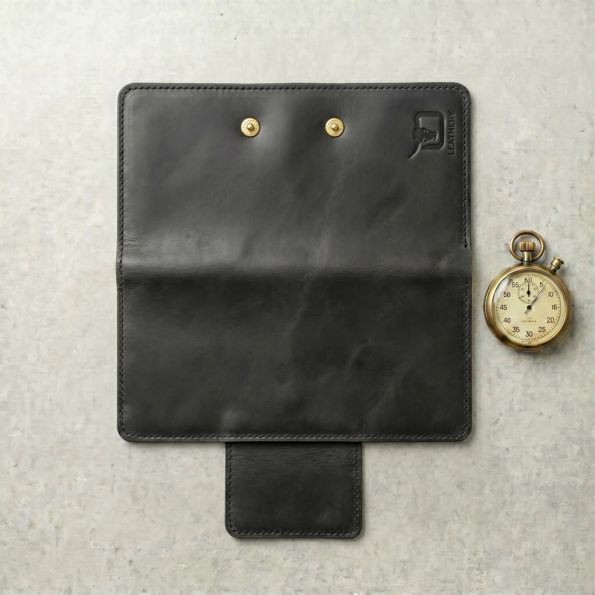 Unisex long leather wallet with snap closure in Charcoal Black | Leathery