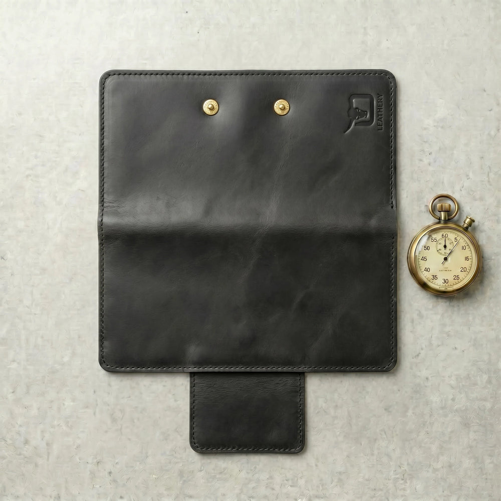 Unisex long leather wallet with snap closure in Charcoal Black | Leathery