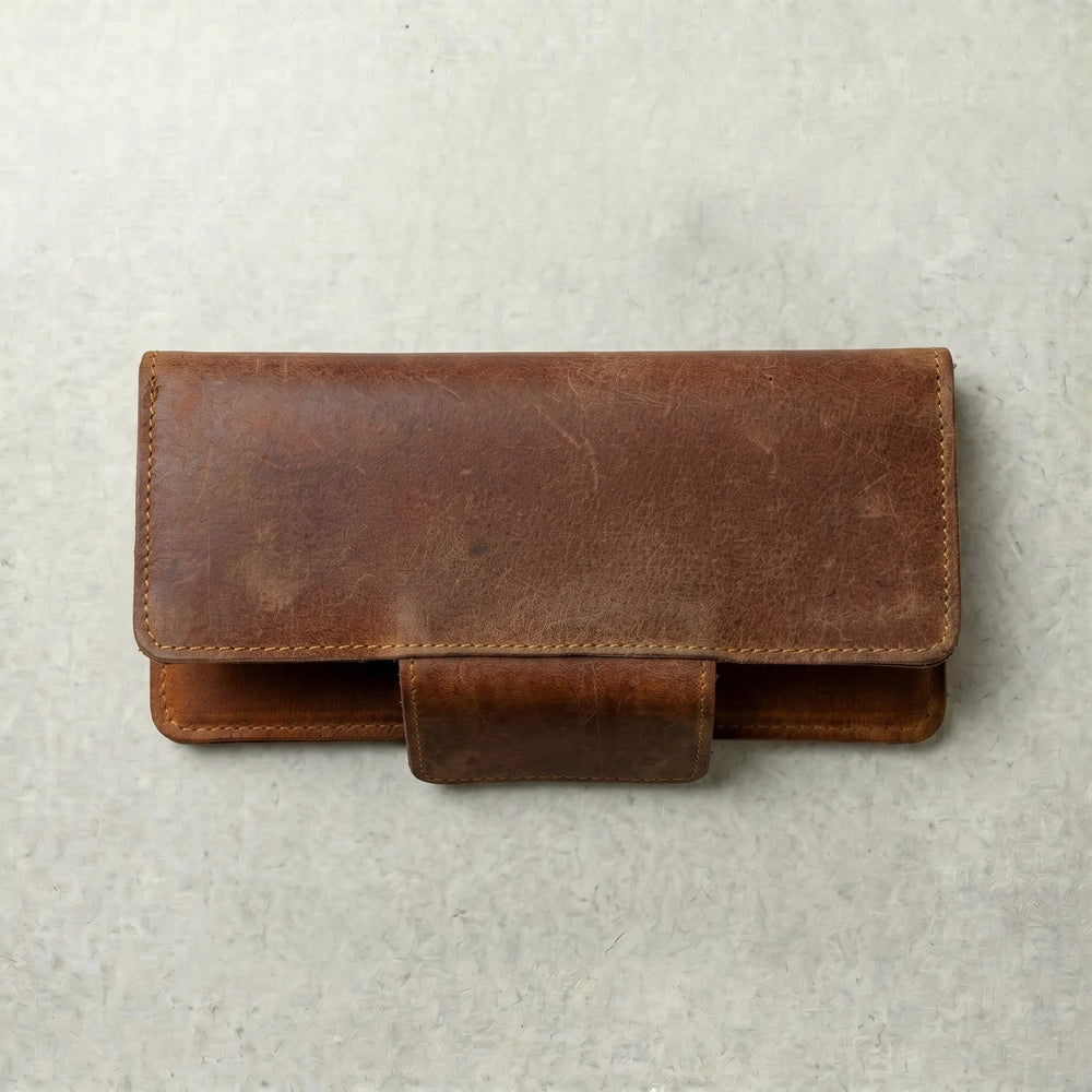 Unisex long leather wallet with snap closure in Copper Saddle Brown | Leathery