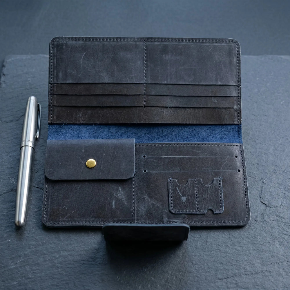Unisex long leather wallet with snap closure in Midnight Navy Blue | Leathery