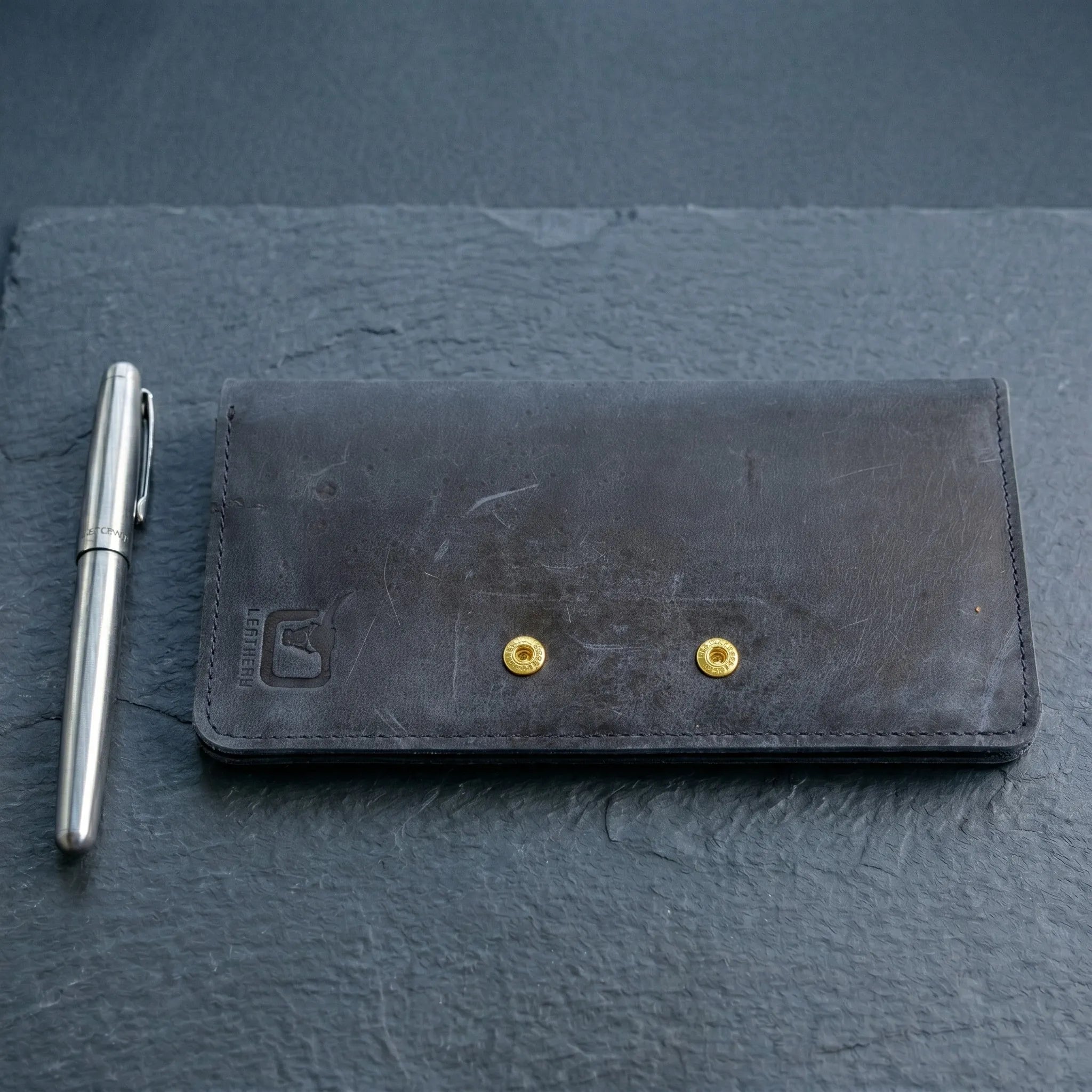 Unisex long leather wallet with snap closure in Midnight Navy Blue | Leathery