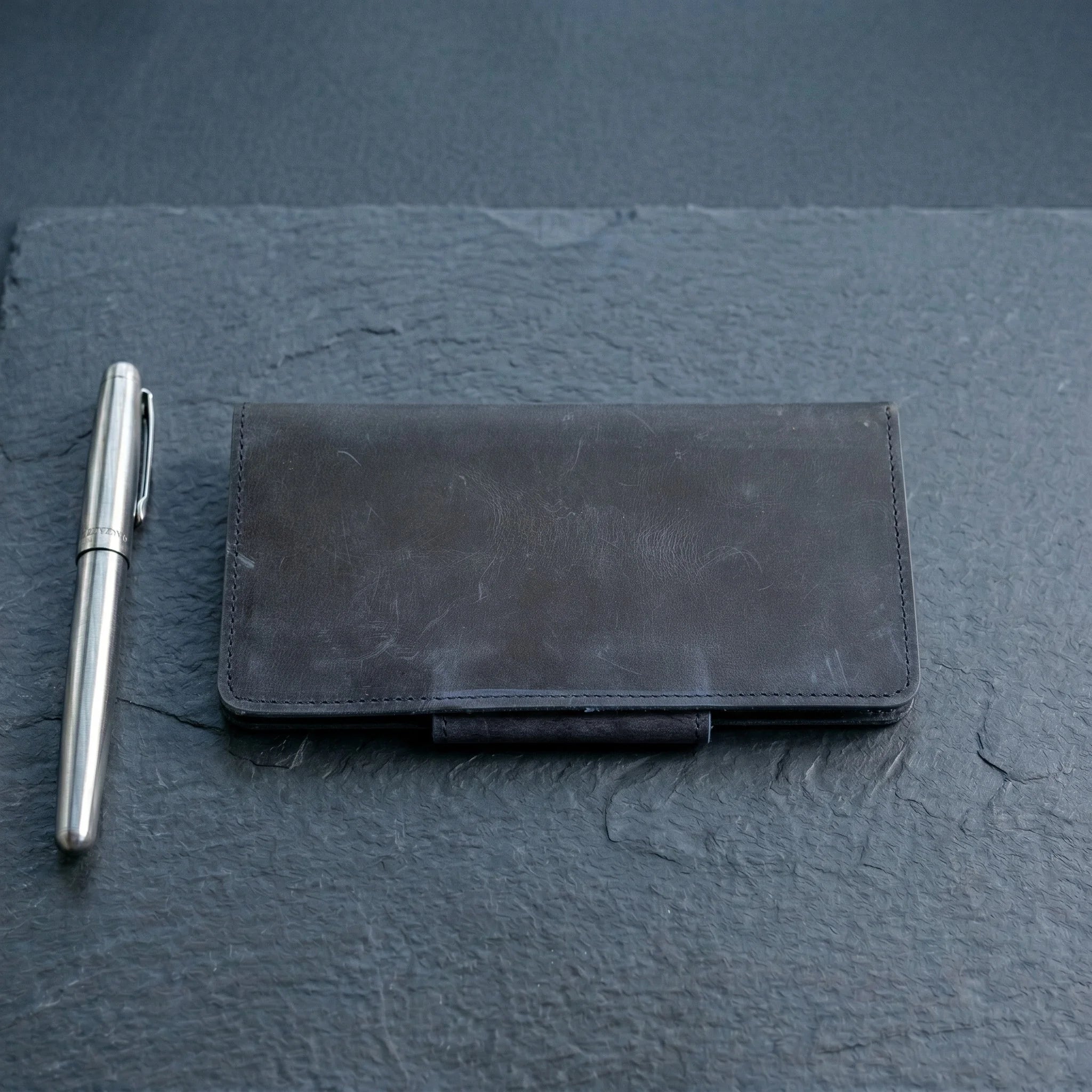 Unisex long leather wallet with snap closure in Midnight Navy Blue | Leathery