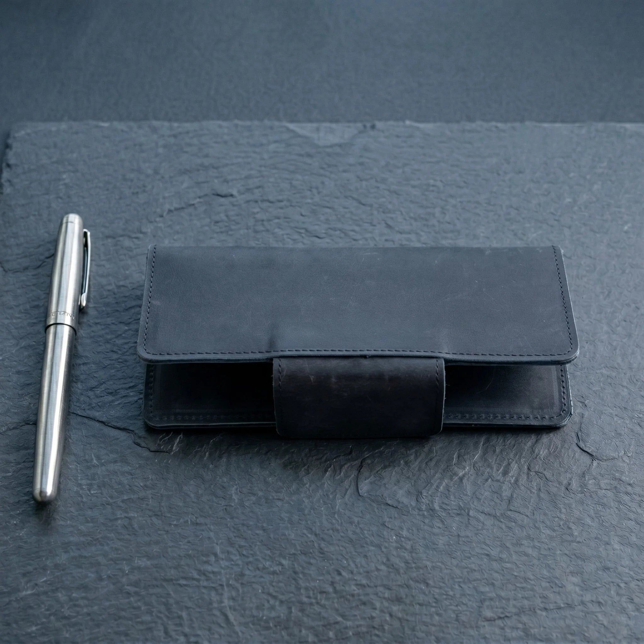 Unisex long leather wallet with snap closure in Midnight Navy Blue | Leathery