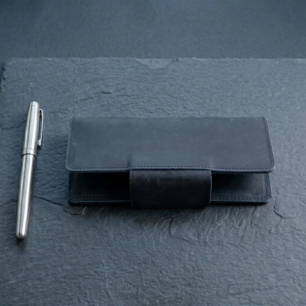Unisex long leather wallet with snap closure in Midnight Navy Blue | Leathery