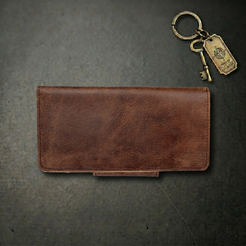 Unisex long leather wallet with snap closure in Walnut Brown | Leathery