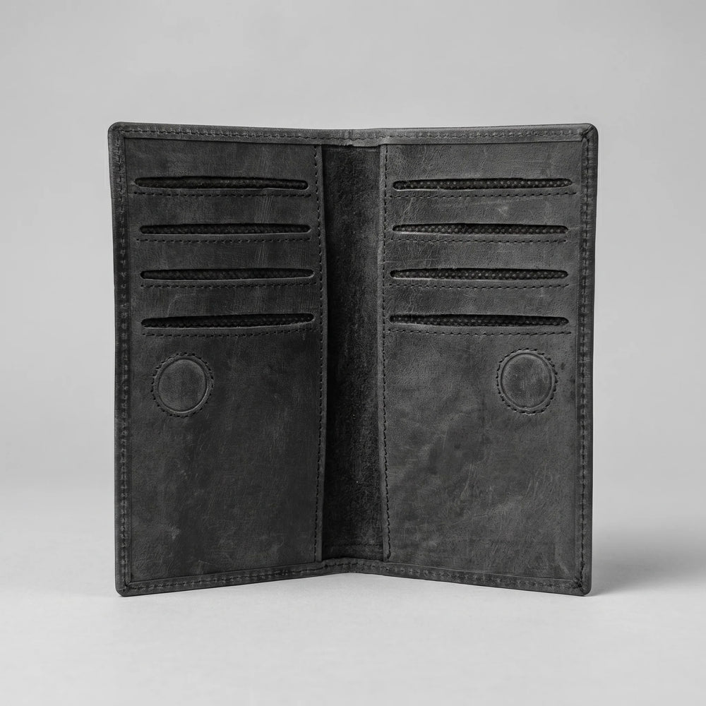 Men's long leather wallet with magnetic close in Charcoal Black | Leathery