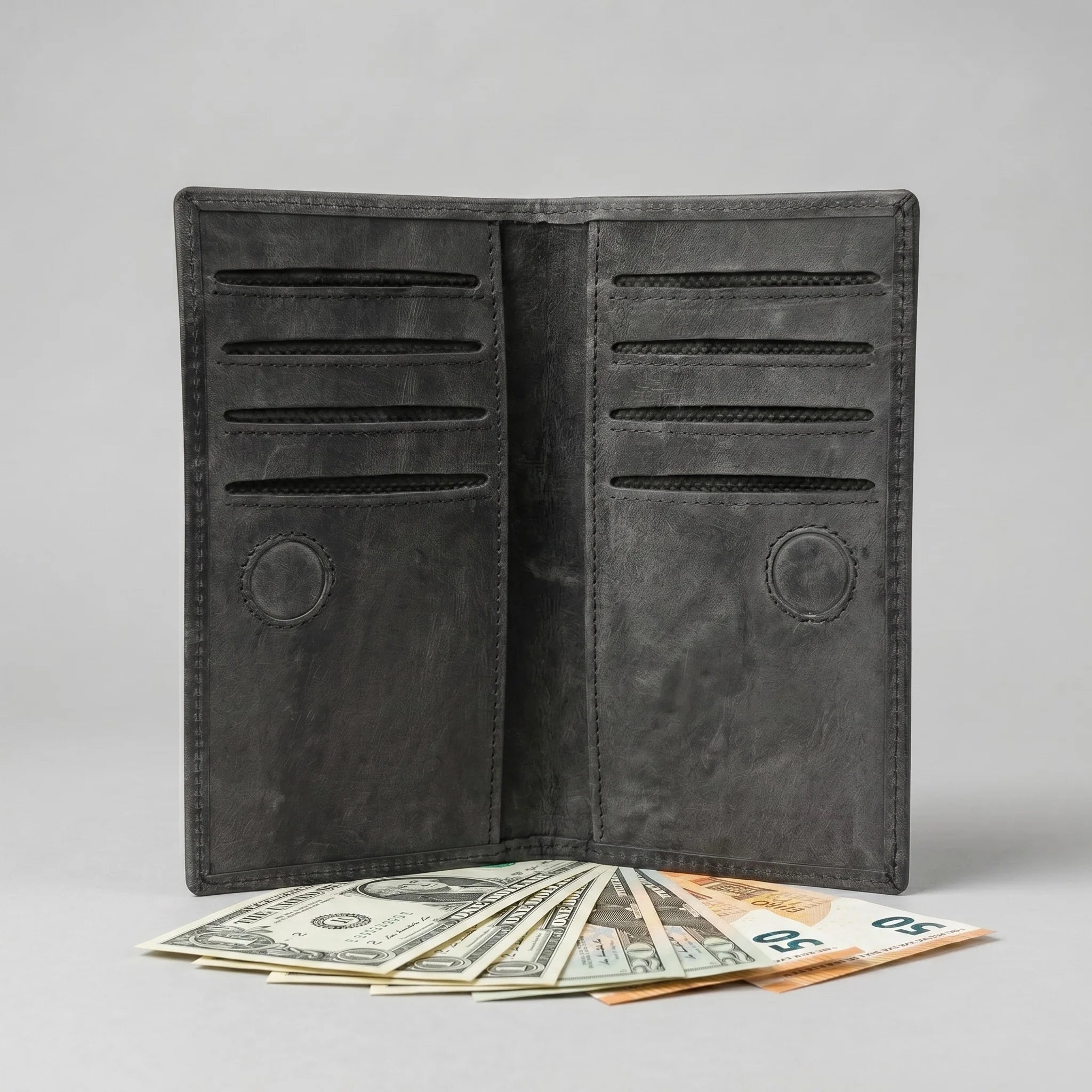 Men's long leather wallet with magnetic close in Charcoal Black | Leathery