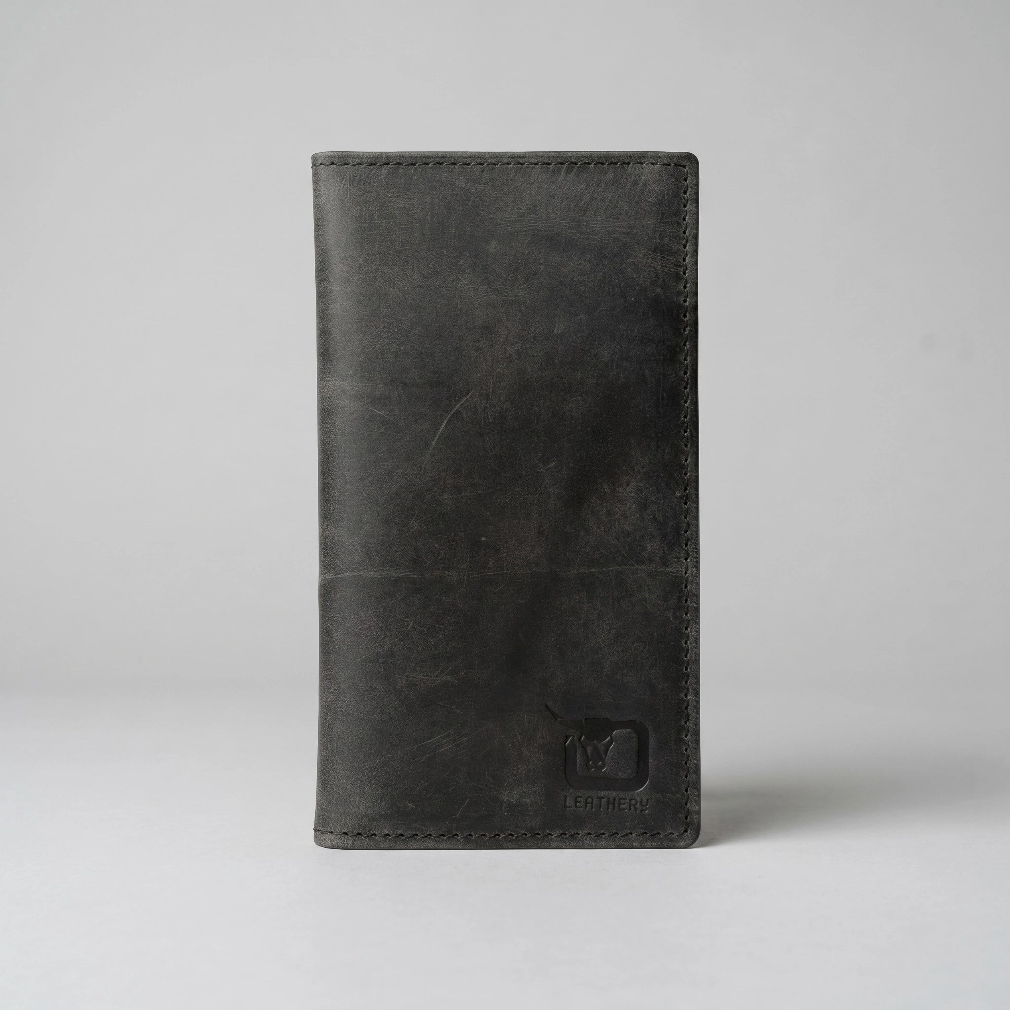 Men's long leather wallet with magnetic close in Charcoal Black | Leathery