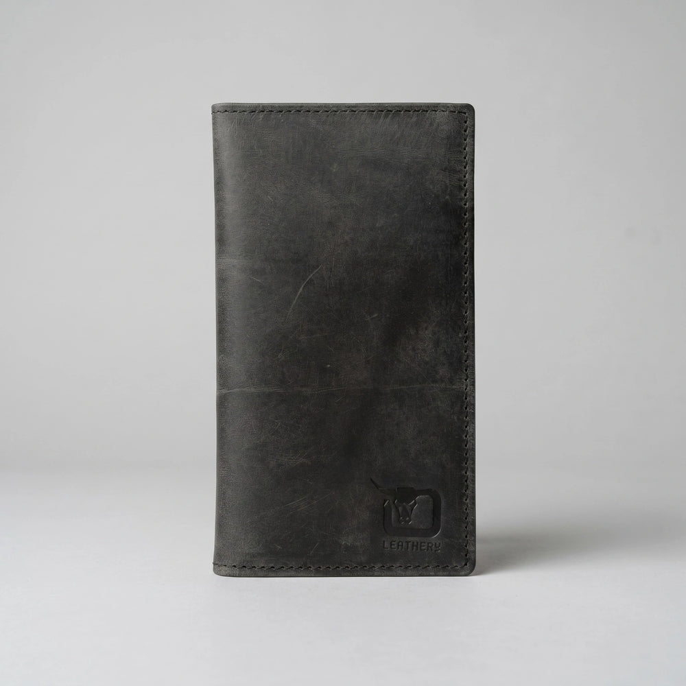 Men's long leather wallet with magnetic close in Charcoal Black | Leathery