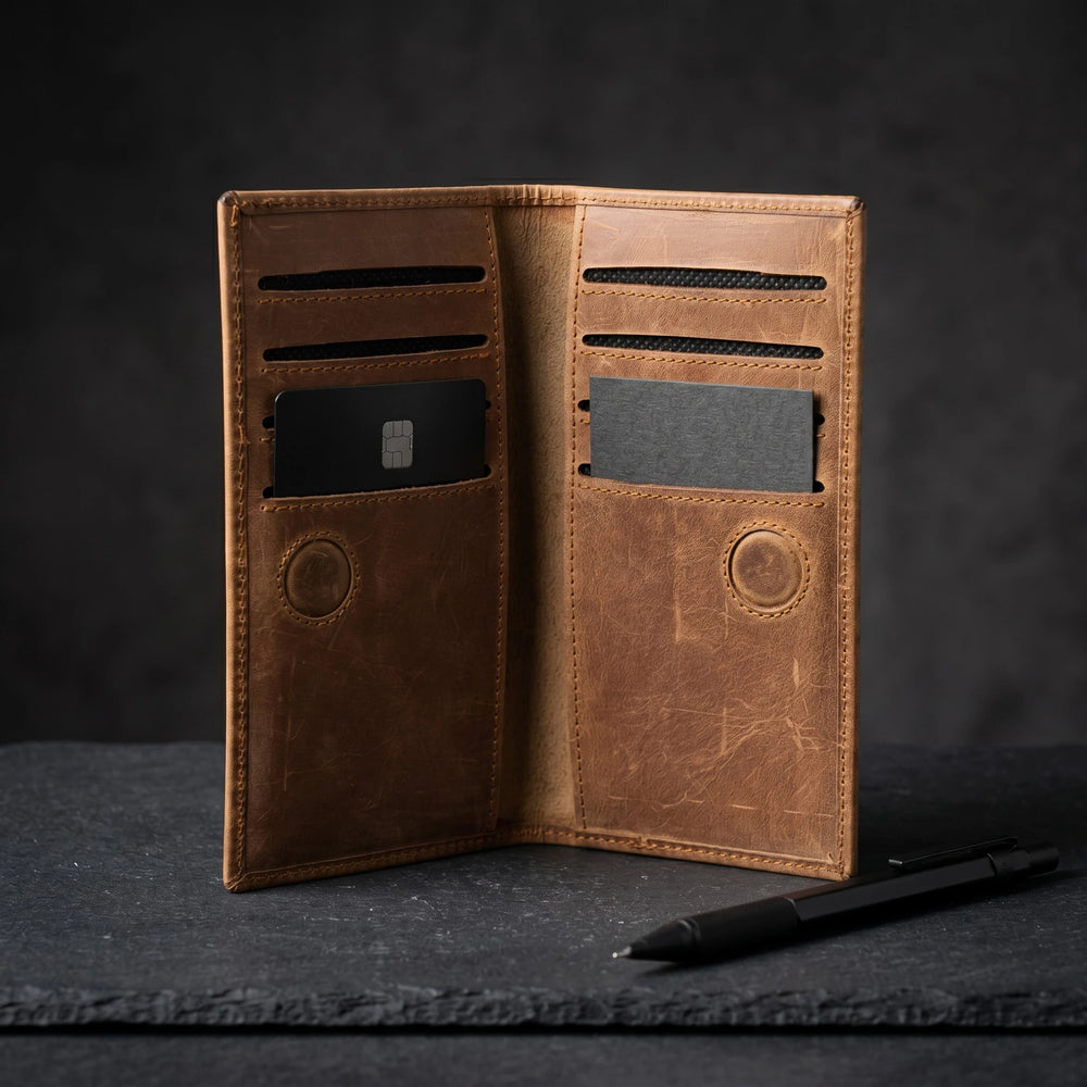 Men's long leather wallet with magnetic close in Golden Saddle Brown | Leathery