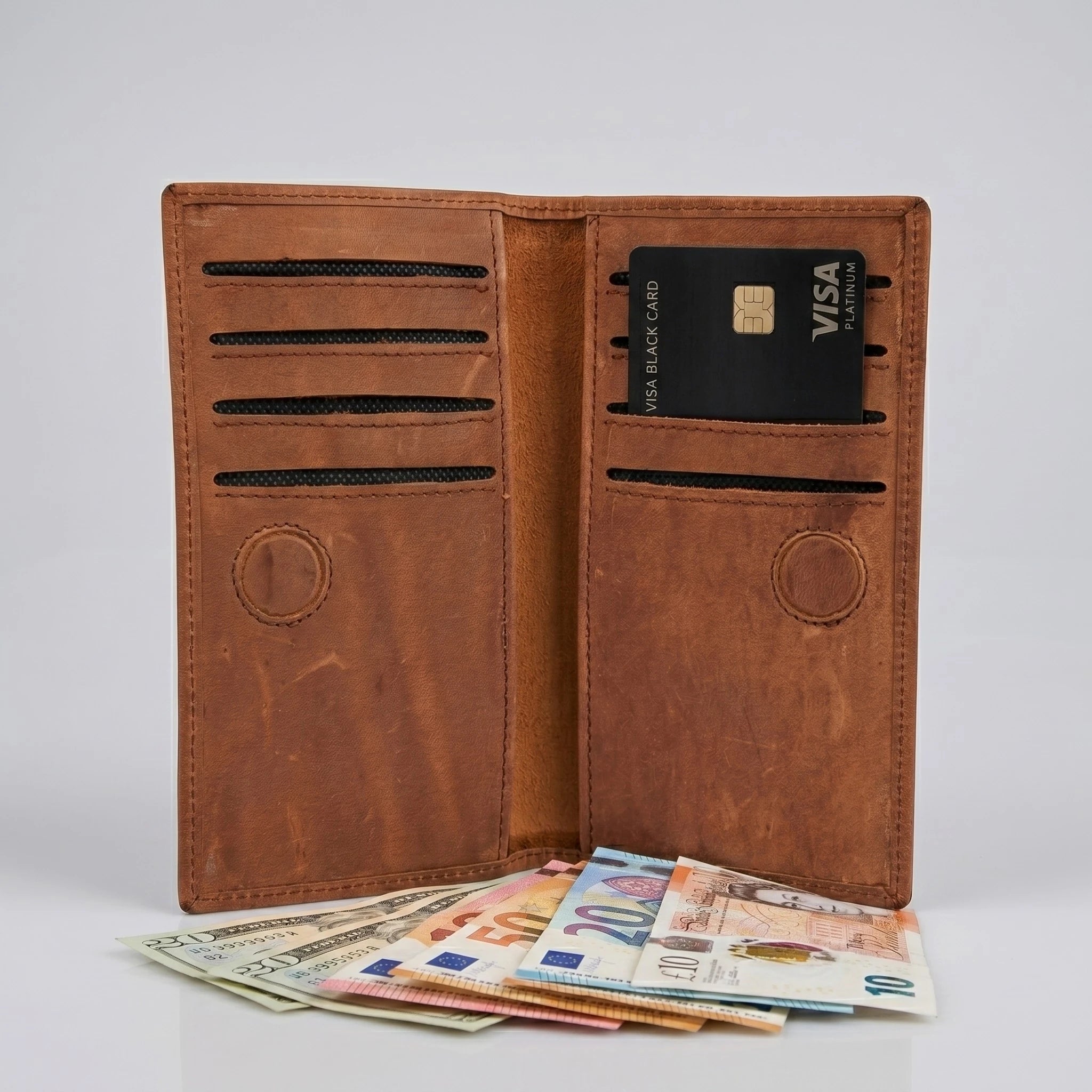 Men's long leather wallet with magnetic close in Cognac Warm Brown | Leathery