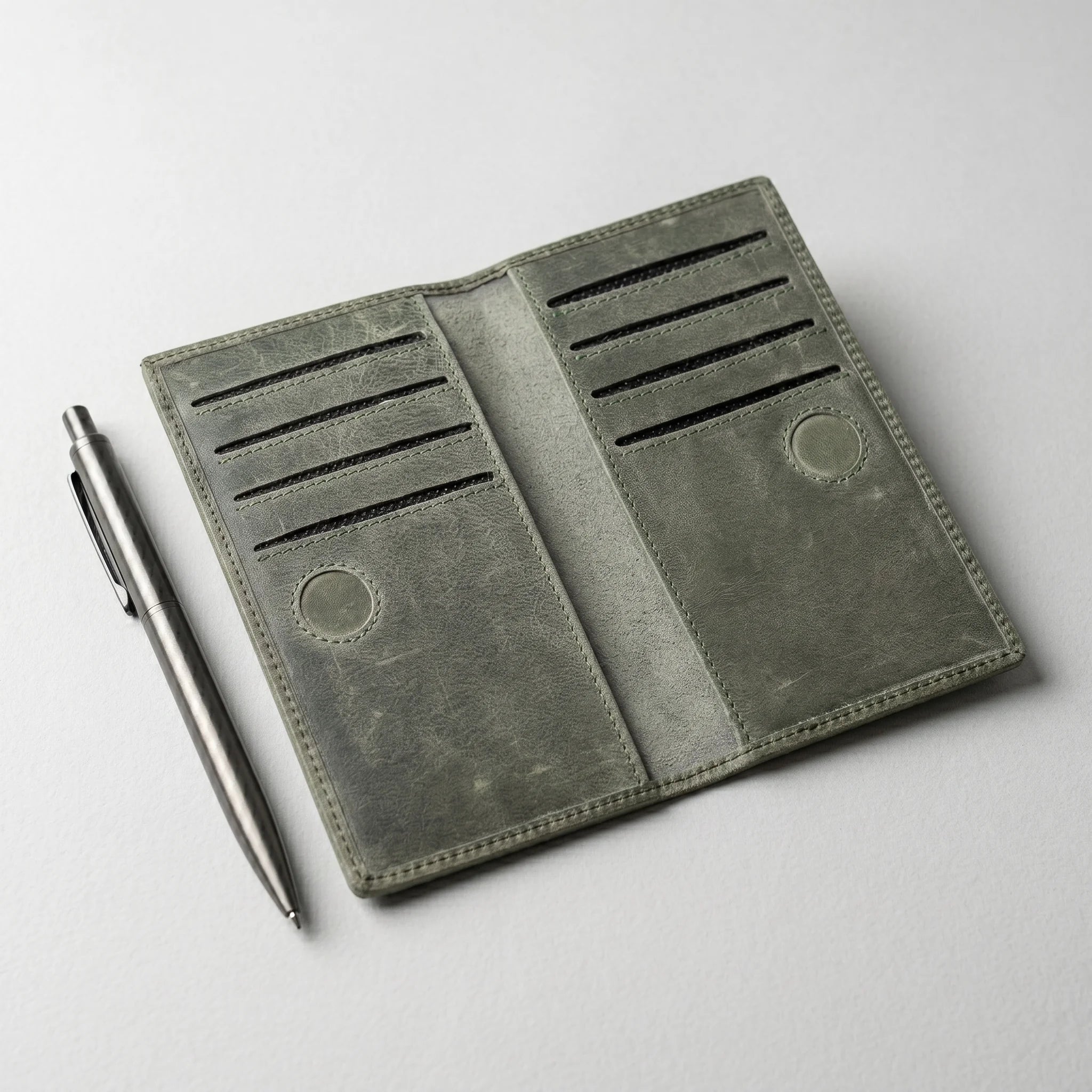 Men's long leather wallet with magnetic close in Olive Grey | Leathery