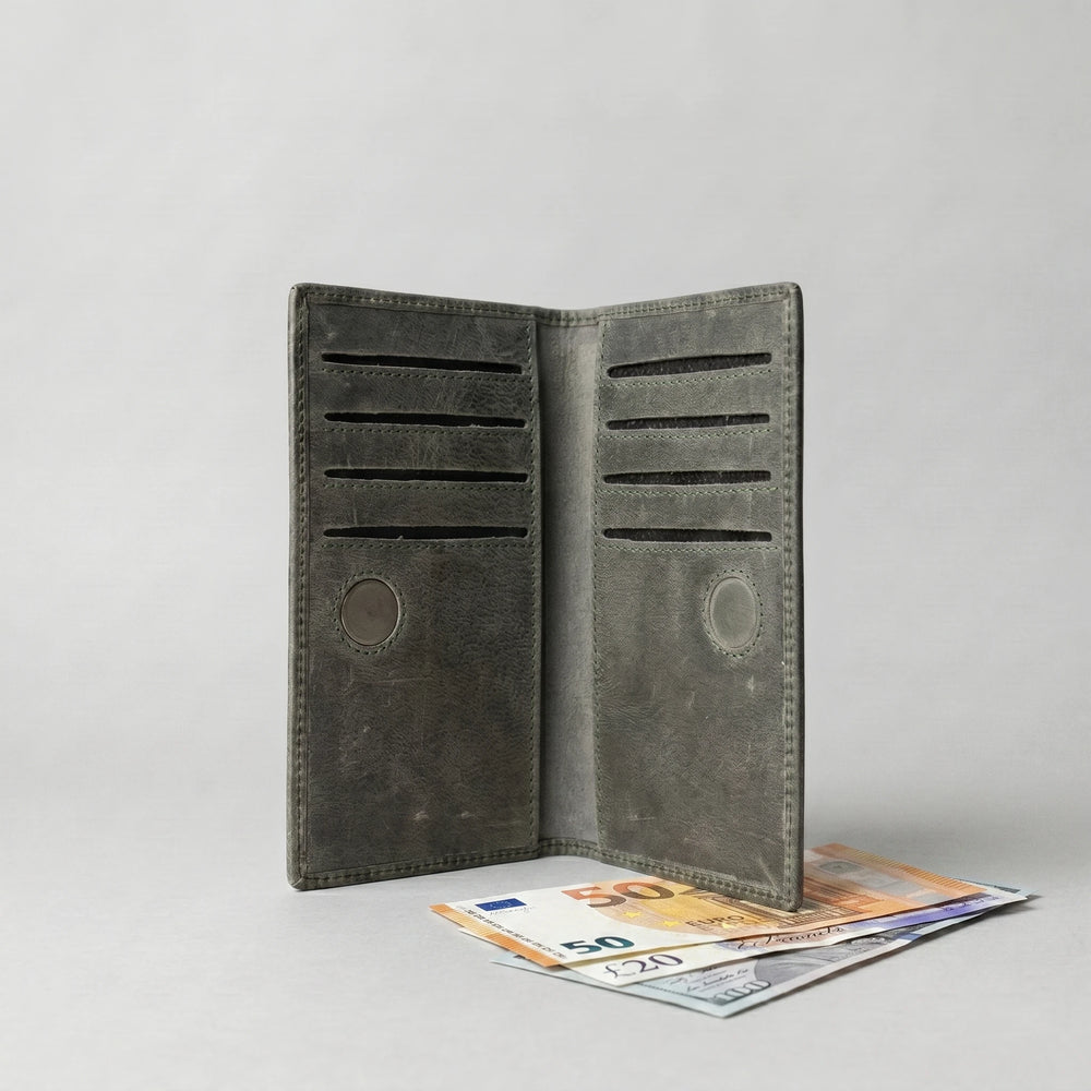 Men's long leather wallet with magnetic close in Olive Grey | Leathery
