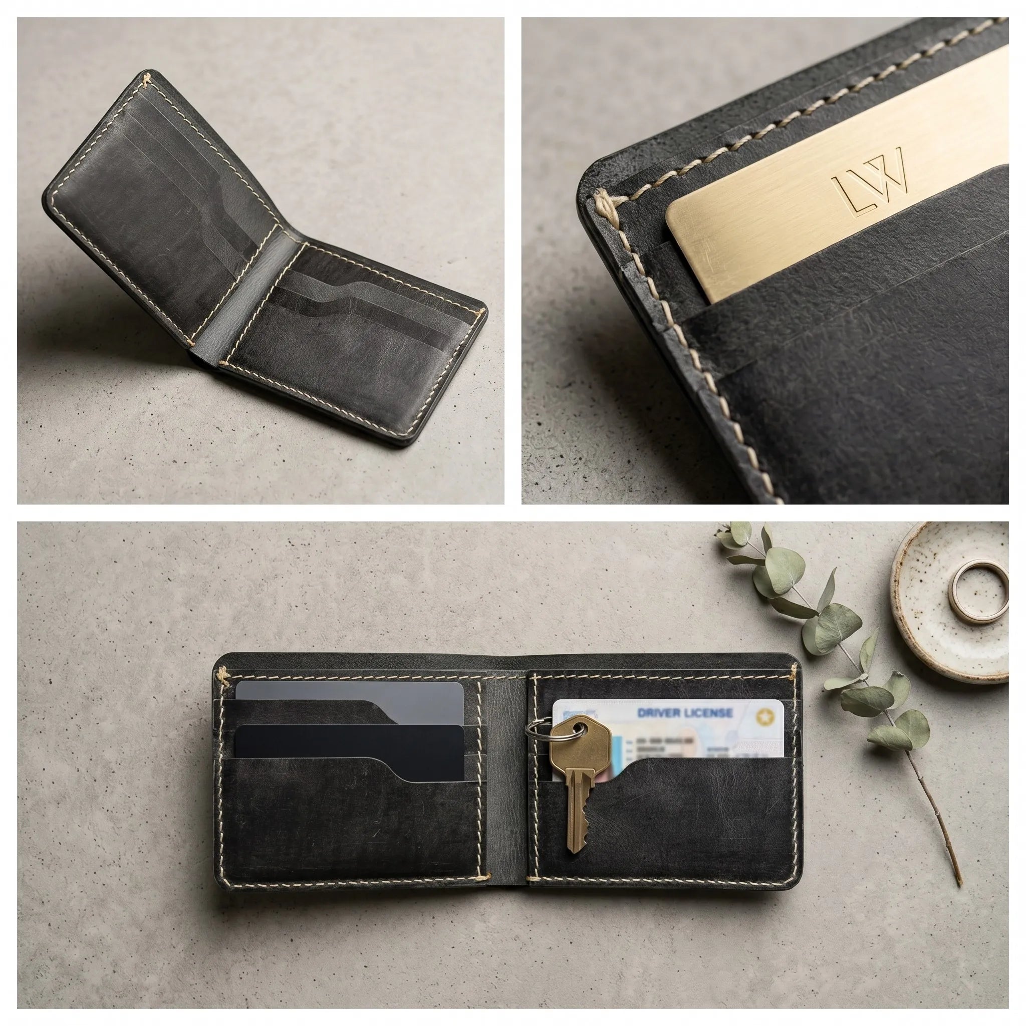 Men's dollar size bifold leather wallet in Charcoal Black | Leathery